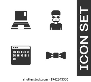Set Bow tie, Laptop, Binary code and Nerd geek icon. Vector