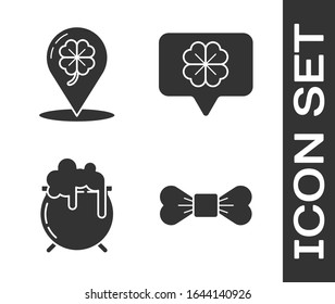 Set Bow tie, Location and four leaf clover, Witch cauldron and Four leaf clover in speech bubble icon. Vector