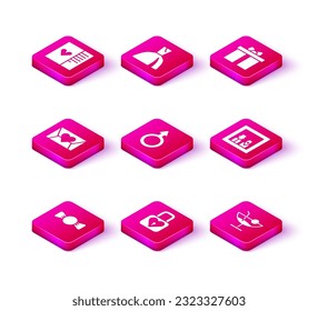 Set Bow tie, Lock and heart, Envelope with Valentine, Male gender symbol, Cocktail, Family photo, Gift box and Woman dress icon. Vector