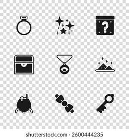 Set Bow tie, Magic powder, Old magic key, Medallion on chain with eye, Mystery box, stone ring, Magical glitter particles and Antique treasure chest icon. Vector