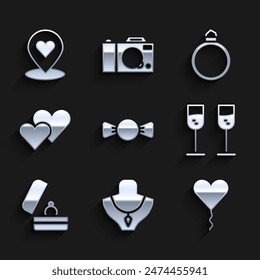 Set Bow tie, Necklace on mannequin, Balloon form of heart, Glass champagne, Wedding rings, Heart, Diamond engagement and Location with icon. Vector