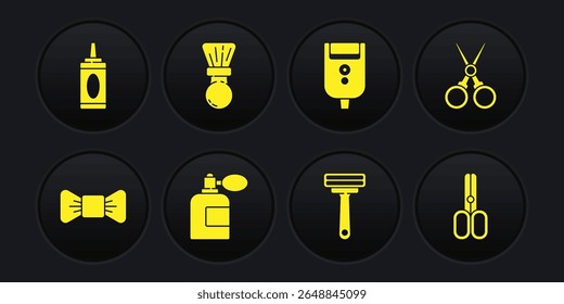 Set Laça de arco, Tesoura cabeleireiro, garrafa de pós-barba com atomizador, Barbear navalha, Lâmina elétrica para homens, escova, e Garrafa de ícone de xampu. Vetor