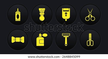 Set Bow tie, Scissors hairdresser, Aftershave bottle with atomizer, Shaving razor, Electric blade for men, brush,  and Bottle of shampoo icon. Vector