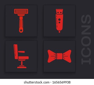 Set Bow tie, Shaving razor, Electrical hair clipper or shaver and Barbershop chair icon. Vector