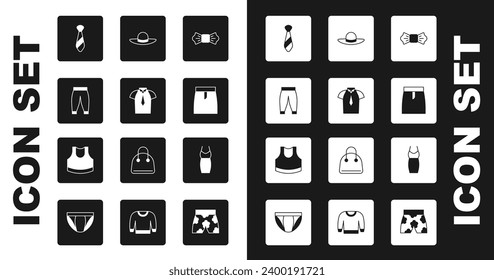 Set Bow tie, Shirt, Pants, Tie, Skirt, Elegant women hat, Woman dress and Female crop top icon. Vector