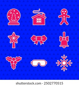 Set Bow tie, Ski goggles, Snowflake, Merry Christmas ringing bell, Branch viburnum, star, Holiday gingerbread man cookie and snow globe icon. Vector