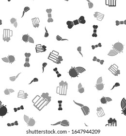 Set Bow tie, Smoking pipe, Witch cauldron and rainbow and Wooden beer mug on seamless pattern. Vector