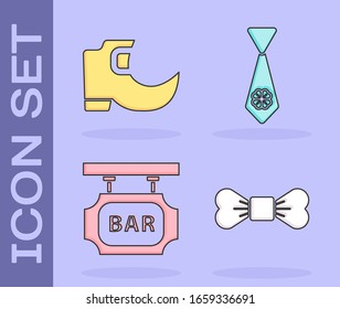 Set Bow tie, Tradition leprechaun boots, Street signboard with inscription Bar and Tie with four leaf clover icon. Vector