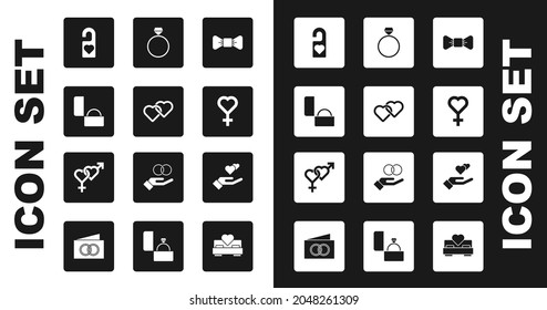 Set Bow tie, Two Linked Hearts, Diamond engagement ring, Please do not disturb, Female gender symbol, hand and Gender icon. Vector