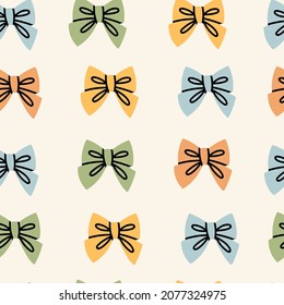 Set of Bow Ties. Different colors. Hand drawn colored trendy Vector illustration. Square seamless Pattern. Repeating background, wallpaper