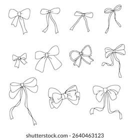 set of bow ties. Vector isolated simple small ribbon bow gift decoration colorless black and white contour line easy drawing