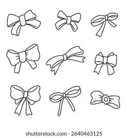 set of bow ties. Vector isolated simple small ribbon bow gift decoration colorless black and white contour line easy drawing
