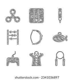 Ponga juguete Bow, muñeca de marionetas de juguete en la mano, cuerda de salto, submarino, Gamepad, abacus, pluma de marcador e icono del spinner de Fidget. Vector