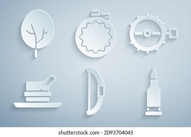 Bow-Set, Fallen-Jagd, Jägerhut mit Feder, Bullet, Kantenwasserflasche und Baumsymbol. Vektorgrafik