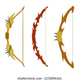 Set of Bow weapon. Shooting and hunting element. Flat cartoon illustration