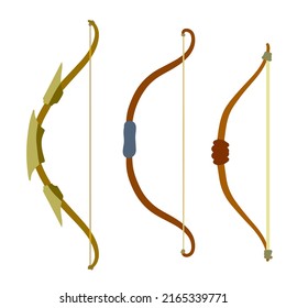Set of Bow weapon. Shooting and hunting element. Flat cartoon illustration