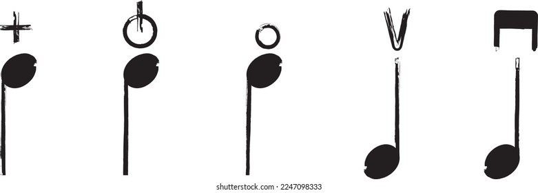 Set of the Bowed string instruments symbols. Left-hand pizzicato, Snap pizzicato, Natural harmonic, Down and Up bow. Musical signs aesthetics. Black ink handwriting. Vector