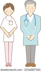 A set of bowing men in white coats (doctors, doctors, pharmacists, school nurses, infirmary teachers, counselors) and female nurses.The background is transparent.