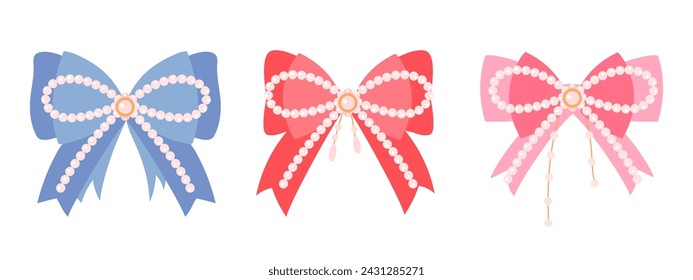 Set of bowknot isolated on white background. Bow with ribbon and beads for decoration. Collection gift bows 