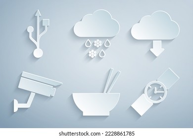Set Bowl with chopsticks, Cloud download, Security camera, Wrist watch, snow and rain and USB icon. Vector