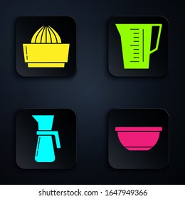 Set Bowl , Citrus fruit juicer , Measuring cup and Measuring cup. Black square button. Vector