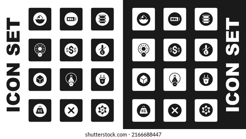 Set Bowl, Dollar symbol, No direct sunlight, Carton cardboard box, Meteorology thermometer, Battery, Electric plug and  icon. Vector