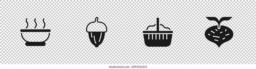 Set Bowl of hot soup, Acorn, Basket and Beet icon. Vector