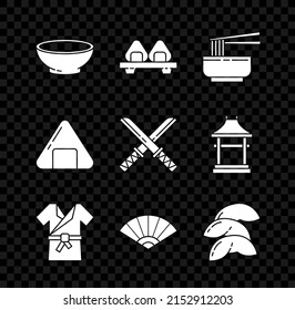 Set Bowl of hot soup, Asian noodles bowl and chopsticks, Japanese costume Kimono, Paper chinese or japanese folding fan, Chinese fortune cookie,  and Traditional katana icon. Vector