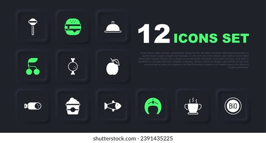 Set Bowl of hot soup, Banner for bio, Chicken leg, Fish steak, Fresh berries, Popcorn in cardboard box, Burger and  icon. Vector