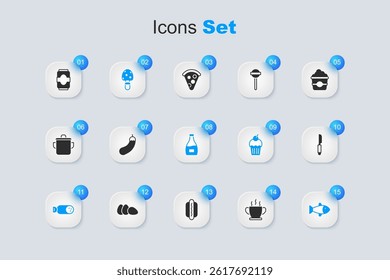 Set Bowl of hot soup, Eggplant, Fly agaric mushroom, Salami sausage, Fish, Knife, Soda can and Sauce bottle icon. Vector