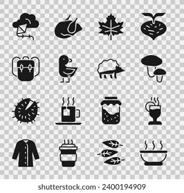 Set Bowl of hot soup, Mulled wine, Mushroom, Leaf or leaves, Little chick, School backpack, Kite and Hedgehog icon. Vector