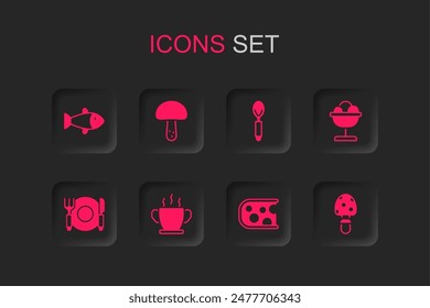 Set Bowl of hot soup, Mushroom, Fish, Cheese, Ice cream in the bowl, Fly agaric mushroom, Spoon and Plate, fork and knife icon. Vector