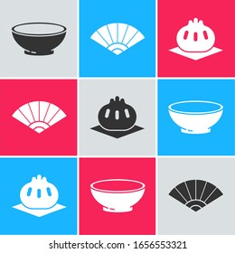 Set Bowl of hot soup, Paper chinese or japanese folding fan and Khinkali on cutting board icon. Vector