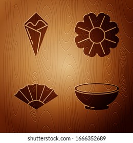 Set Bowl of hot soup, Temaki roll, Paper chinese or japanese folding fan and Flower on wooden background. Vector