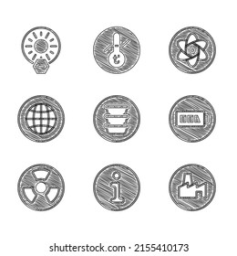 Set Bowl, Information, Factory production, Battery, Radioactive, Social network, Test tube and flask and No direct sunlight icon. Vector