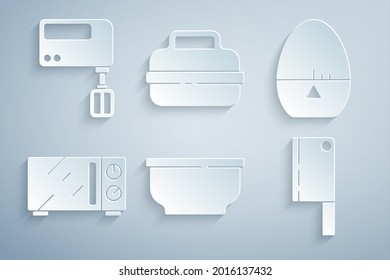 Set Bowl, Kitchen timer, Microwave oven, Meat chopper, Cooking pot and Electric mixer icon. Vector