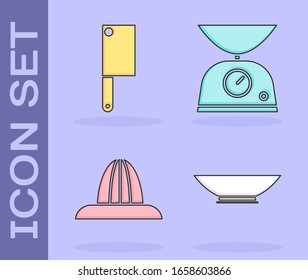 Set Bowl, Meat chopper, Citrus fruit juicer and Scales icon. Vector