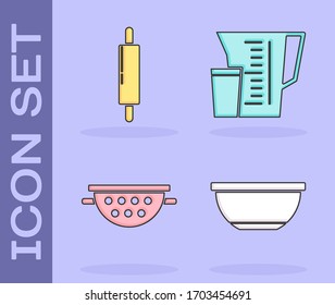 Set Bowl , Rolling pin , Kitchen colander  and Measuring cup icon. Vector