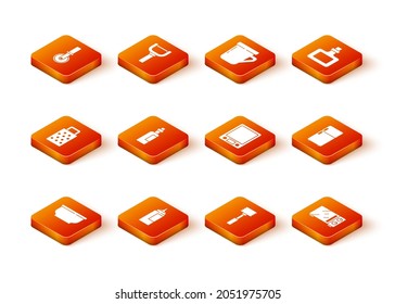 Set Bowl, Sauce bottle, Grater, Bottle of olive oil, Kitchen hammer, Electronic scales, Microwave oven and Refrigerator icon. Vector