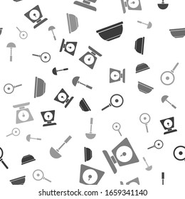 Set Bowl , Scales , Frying pan  and Kitchen ladle  on seamless pattern. Vector