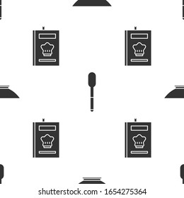Set Bowl, Spoon and Cookbook on seamless pattern. Vector
