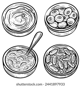 Set bowl of topping sauce jam sketch. Seasoning to improve taste. Hand drawn vector illustration.