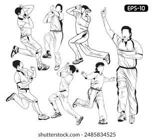 Set von Bowler Spielen Cricket Match Action Poses Line Art Championship Vektorillustration