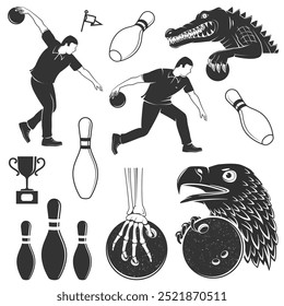 Set of bowler silhouette collection. Vector illustration. Player, bowling ball, pin set