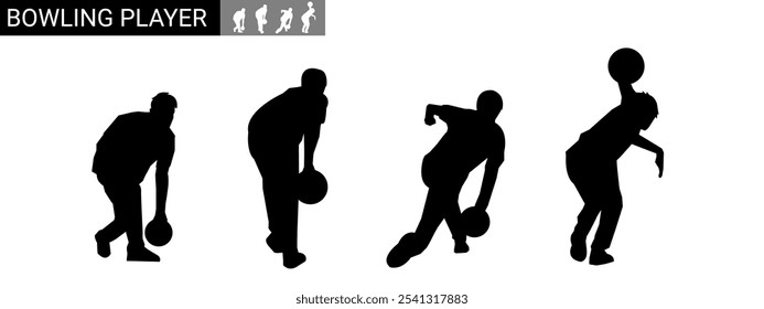 Set of bowler silhouettes. Bowling sport. Isolated on white background. Vector illustration.