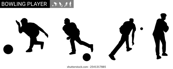 Set of bowler silhouettes. Bowling sport. Isolated on white background. Vector illustration.