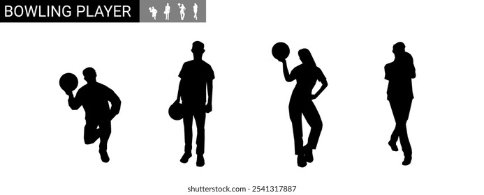 Set of bowler silhouettes. Bowling sport. Isolated on white background. Vector illustration.