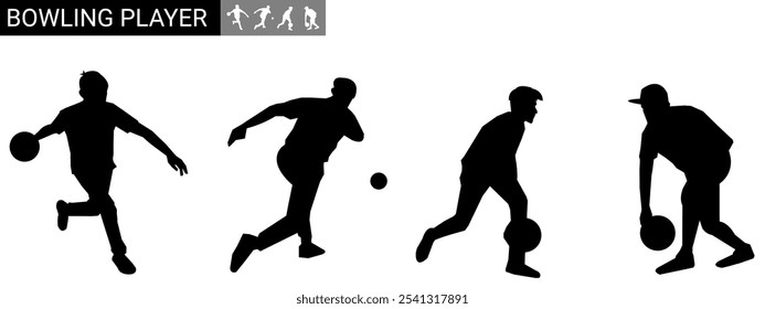 Set of bowler silhouettes. Bowling sport. Isolated on white background. Vector illustration.