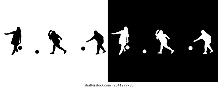 Set of bowler silhouettes. Bowler, hobby, sport. Different poses. Vector black and white illustration.