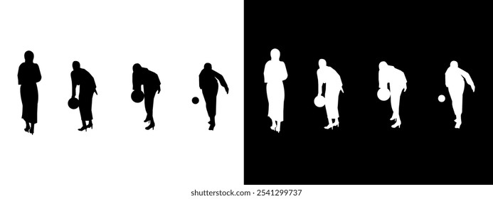 Set of bowler silhouettes. Bowler, hobby, sport. Different poses. Vector black and white illustration.